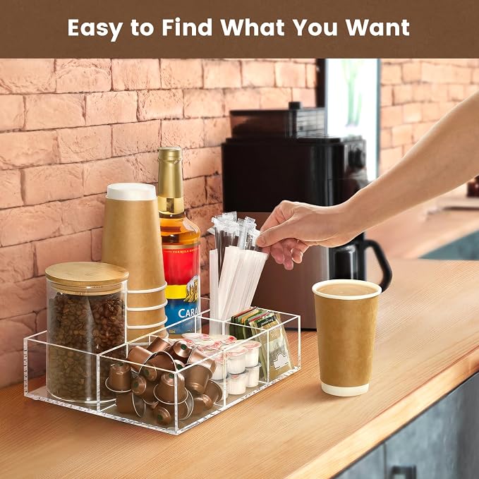 BEYGORM Acrylic Coffee Bar Station Organizer for Countertop | Office Breakroom Clear Snack Tea Storage Accessories Holder for Kcup Pod Condiment Cup Creamer Syrup, Gift for Coffee Lovers - Image 4
