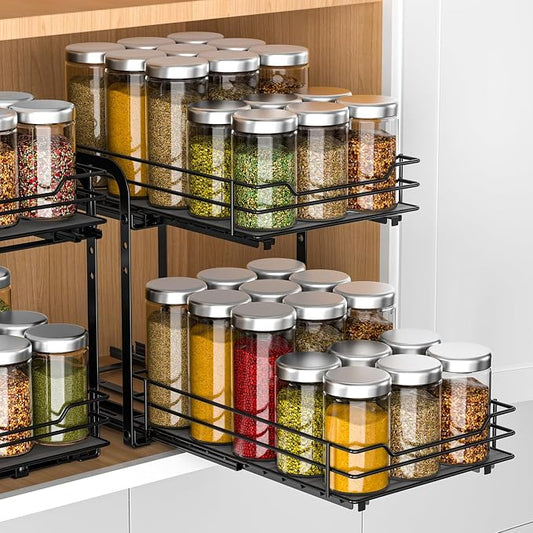 RCHYFEED 2 Tier Pull Out Spice Rack for Cabinet,7.5" Wx10.5 Dx9.5 H | Height Adjustable Spicy Shelf Metal Slide Out Spice Rack Heavy Duty Vertical Spice Shelf for Inside Cabinets & Pantry by RCHYFEED