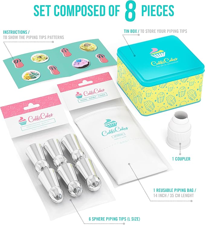 Professional Icing Tips Set (8pcs): Reusable Pastry Bag + 6 Sphere Russian Piping Tips, for Decorating Cupcakes & Cakes - Piping Nozzles Kit for Baking Supplies - Image 2