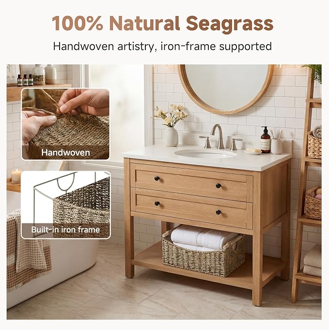 StorageWorks Large Wicker Baskets with Handles, Seagrass Basket, 1-Pack | Handwoven Wicker Baskets for Organizing,Seagrass Storage Basket,Woven Baskets for Storage,Wicker Basket Large,15" x 11" x 6¾" - Image 4