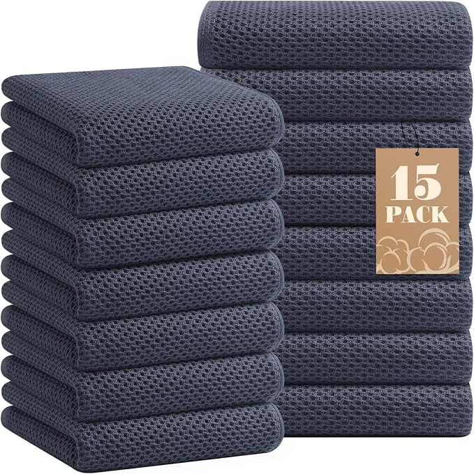 Homaxy 100% Cotton Waffle Weave Kitchen Towels, 15-Pack, Dark Grey | Ultra Soft Absorbent Dish Towels, Quick Drying Cleaning Towels, 13 x 28 Inches by Homaxy