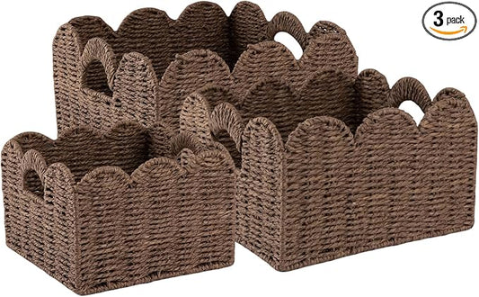 OIAHOMY Scalloped Wicker Baskets, Hand-woven Storage Baskets with Built-in Handles, Paper Rope Shelf Baskets for Organizing and Decoration, Set of 3-Brown by MasterofSpaceOptimization
