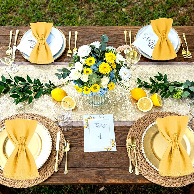 50 Pack Yellow Cloth Napkins, 16 x 16 Inch Cotton with Fringe Settings | Handmade washable reusable cotton dinner napkins in bulk for weddings, parties, rustic boho table settings - Image 7
