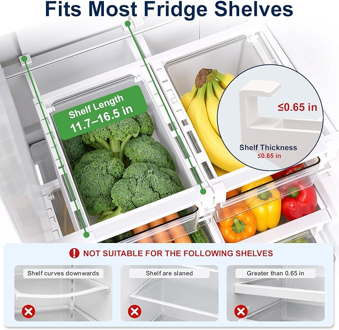 Fridge Drawer Organizer Pull-Out Under Shelf Bin, Adjustable Dividers | BPA-Free Clear Space-Saving Storage - Image 8