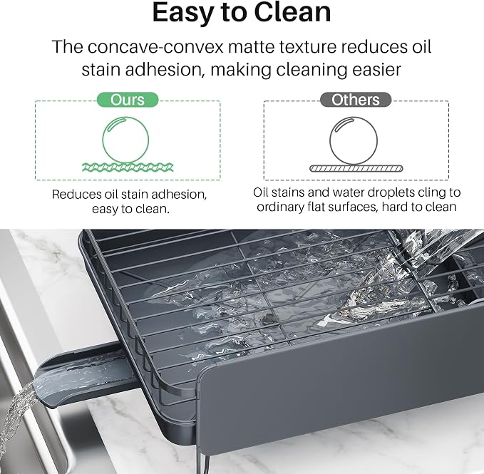 SNTD Large Dish Drying Rack for Kitchen Counter, Expandable, Grey | Stainless Steel Dish Drainer, Adjustable Length 18.9''-29.3'', Automatic Drainage, 360° Spout, Cutlery Holder with Knife Slot - Image 7