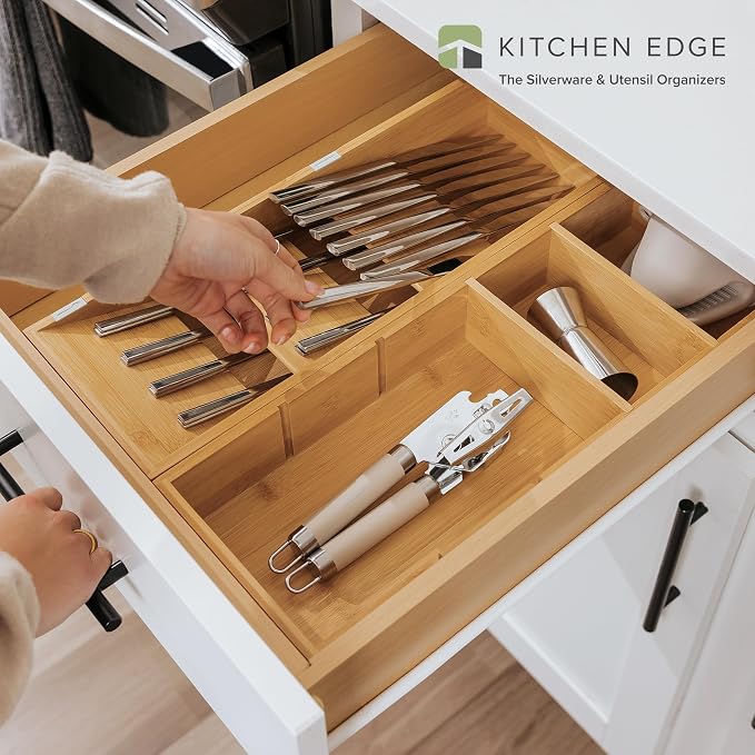 Slanted Silverware & Utensil Organizer, 2 Pack, Bamboo | 3-compartment slanted design, labeled slots, non-slip feet, sustainable bamboo - Image 2