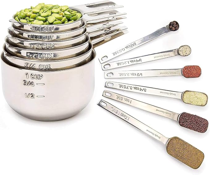 Simply Gourmet Measuring Cups & Spoons Set of 12, 18/08 Stainless Steel Kitchen Gadgets, Stackable Design with Long Handle Spoons, Fits in Spice Jars, Cooking & Baking Set for Dry & Liquid by SimplyGourmet