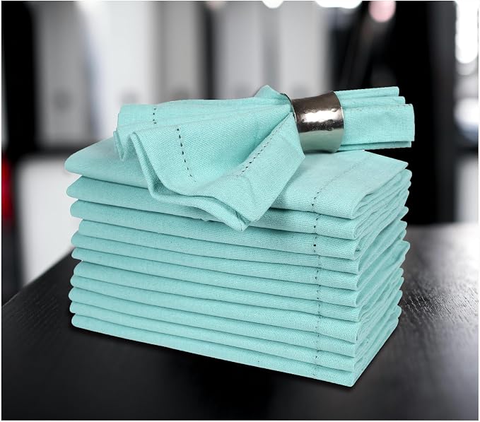 Bedding Craft Cotton Cloth Dinner Napkins Set of 12 – 18x18 Aqua with Hemstitched Mitered Corners – Reusable Machine Washable Napkins for Weddings, Parties & Table Decorations - Image 2