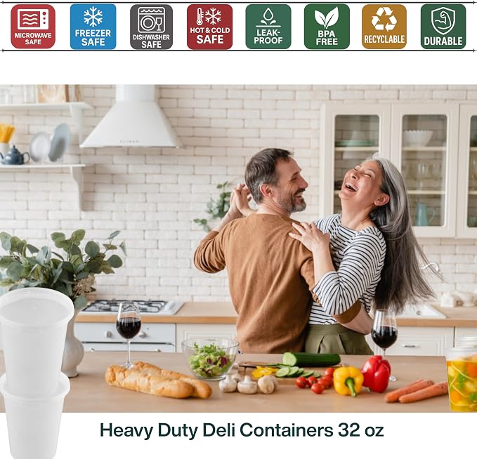 Reusable Plastic BPA-Free Food Storage Deli Container Leak‑Proof | 32oz, 50 set, Heavy Duty, Microwave, Freezer & Dishwasher Safe, Stackable - Image 4