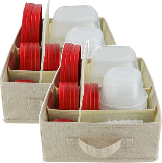 Food Storage Container Organizer 2pc - Lid Organizer Box - Adjustable Kitchen Organizing Box - Compatible with Tupperware Glad Rubbermaid Ziploc Containers - Drawers and Cabinet Organization (2) by HappiBox