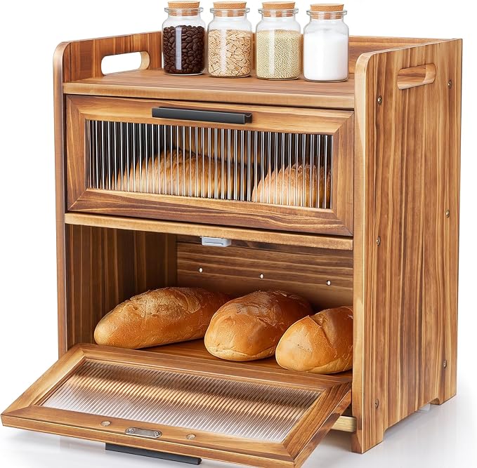 Bread Box for Kitchen Countertop, Large Wooden Breadbox with Cutting Board | Double Layer Bread Storage Container for Homemade Bread with Handles, Acrylic Window and Air Vents Keep Bread Fresh (Brown) by usion