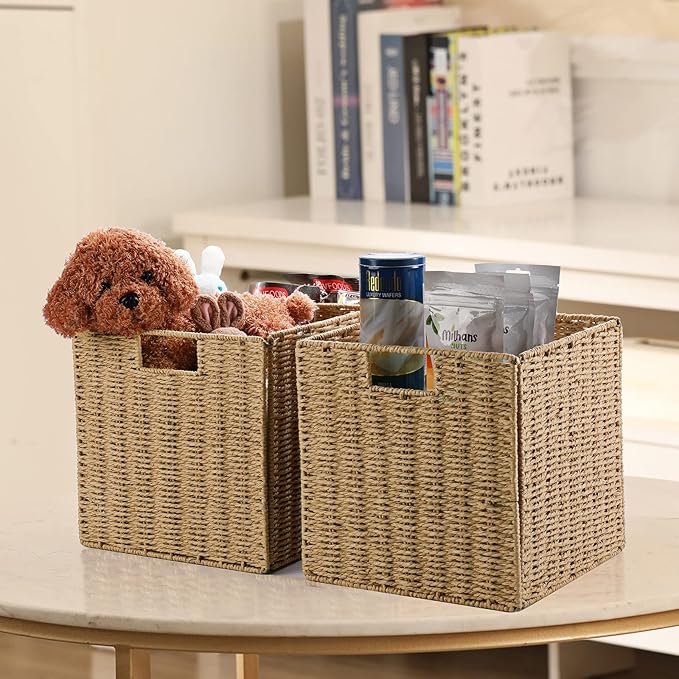 Wicker Storage Basket, Set of 2 Hand-Woven Wicker Basket, 11 inch Storage Baskets for Organizing and Decor, Foldable Cube Storage Organizer Bins Baskets for Shelves, Woven Basket, Natural - Image 2
