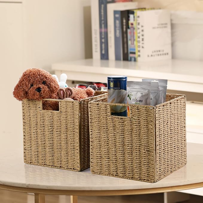 Wicker Storage Basket, Set of 2 Hand-Woven Wicker Basket, 11 inch Storage Baskets for Organizing and Decor, Foldable Cube Storage Organizer Bins Baskets for Shelves, Woven Basket, Natural - Image 2