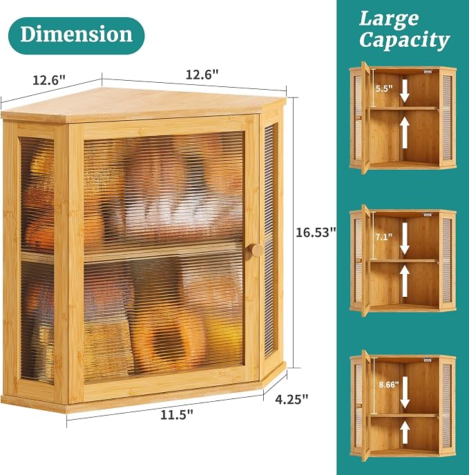 Corner Bread Box, Large Bamboo Bread Box for Kitchen Countertop, 2 Tier Wooden Bread Storage (Natural, Large) - Image 3