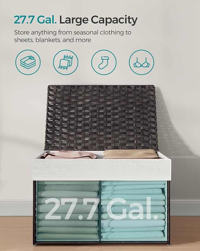 SONGMICS Storage Basket with Lid, Woven Blanket Storage Bin with Handles, Foldable, Removable Liner, Metal Frame, for Bedroom, Laundry Room, 27.7 Gallons (105 L), Brown URST066K01 - Image 8