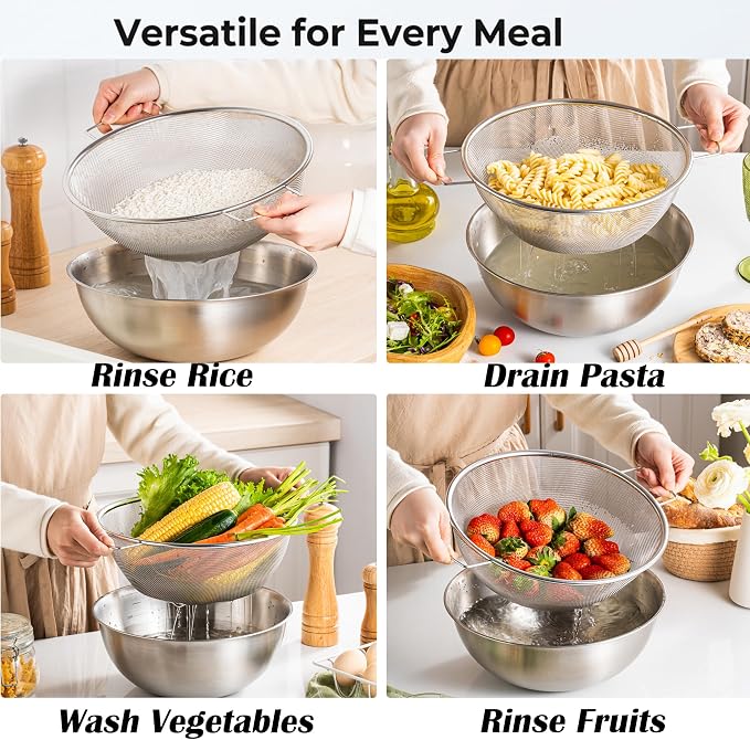 18/8 Stainless Steel Colander with Mixing Bowl, 3.5QT | 1 nesting mixing bowls with measurement marks and 1 fine 30-mesh strainers for rice,vegetables, pasta, baking, and food prep - Image 4