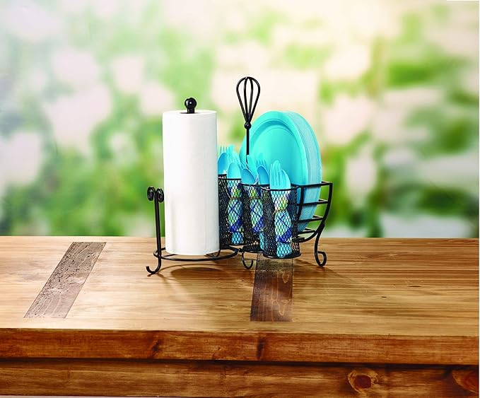 Mikasa Gourmet Basics Avilla Picnic Caddy, Antique Black Finish, Paper Plate Organizer with Flatware Canisters and Paper Towel Spindle, 15 x 14 x 13 in - Image 4