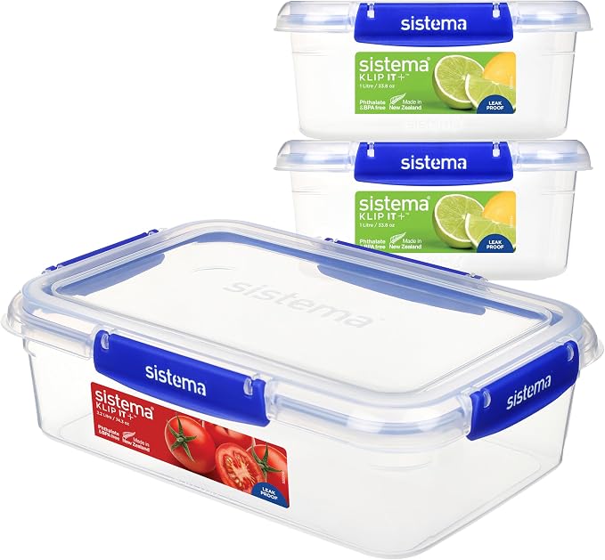 SISTEMA Klip It Food Container, Plastic, Clear, 1 x 2.2 L, 2 x 1 L, 3 by Sistema