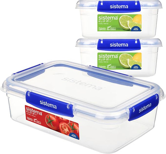 SISTEMA Klip It Food Container, Plastic, Clear, 1 x 2.2 L, 2 x 1 L, 3 by Sistema