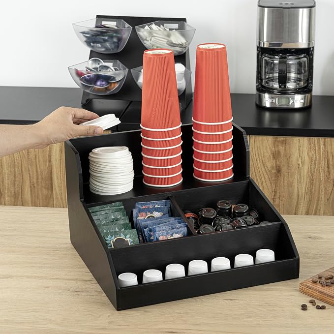Restaurantware Coffee Cup Organizer 15 x 14.25 x 9.25 Inch Multipurpose Bamboo Condiment Holder Black Countertop Cup and Lid Organizer for Coffee Shops and Office Break Rooms - Image 5