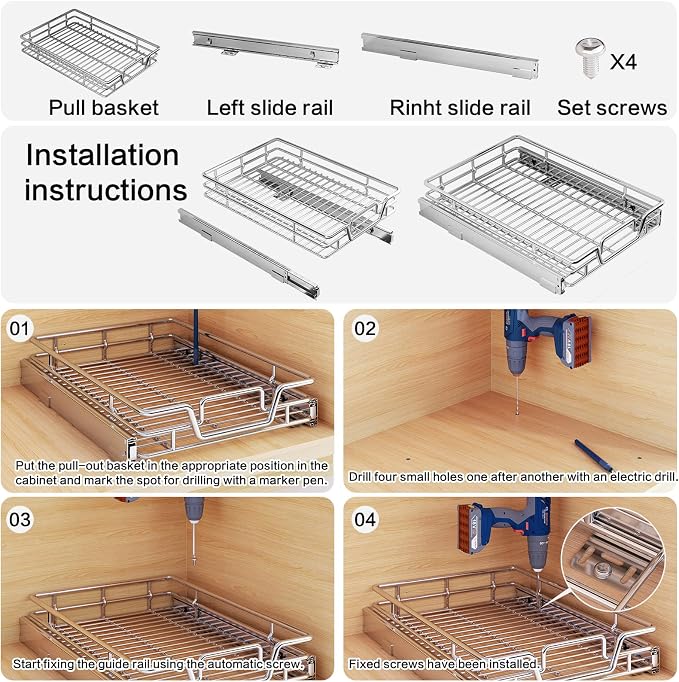 2-Tier Kitchen Cabinet Pull Out Shelf and Drawer Organizer Slide Out Pantry Storaqe Basket in Multiple Sizes (11" W x 18" D,1 Tier) - Image 6