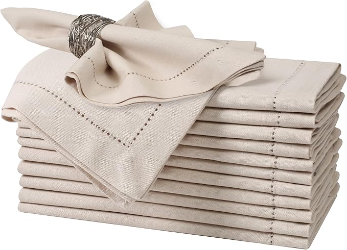 Bedding Craft Cotton Linen Cloth Dinner Napkins Set of 12 – 18x18 Flax Oatmeal Hemstitched – Machine Washable Reusable Fabric Napkins for Weddings, Parties & Events by BeddingCraft