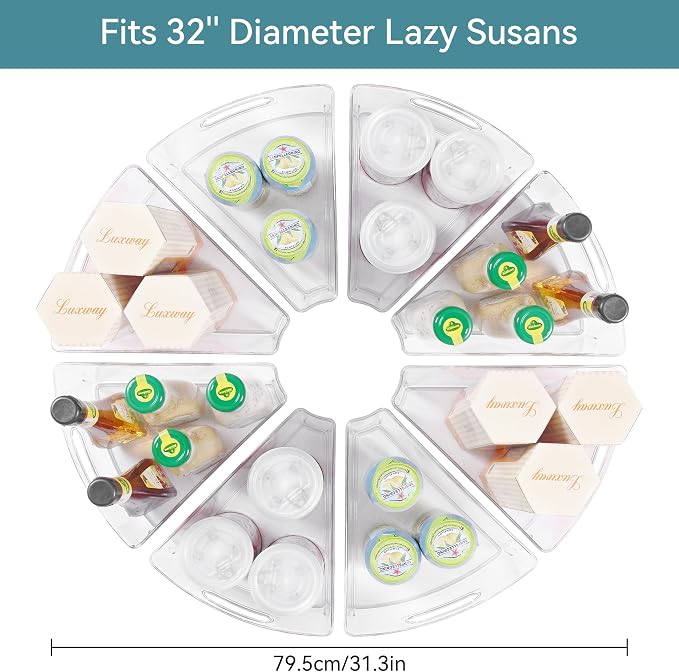 Oubonun Lazy Susan Organizers Set of 8, 12.8’’ x 11.7’’ x 4’’ Plastic Transparent Kitchen Cabinet Storage Bins with Handle, 4" Deep Container, 1/8 Wedge - Food Safe, without BPA - Image 2