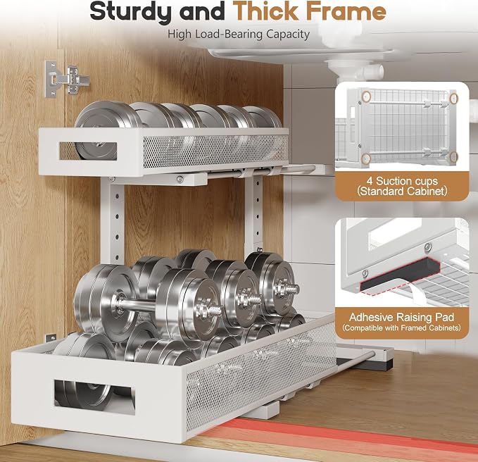 2 Pack 17IN Depth Under Sink Storage Organizer, Large 2-Tier Elegant Mesh Pull Out Shelf for Kitchen and Bathroom Cabinet Organization, L-Shaped and Adjustable Height Design-White - Image 3
