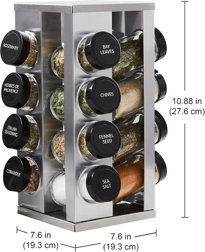 Kamenstein 16 Jar Heritage Revolving Countertop Spice Rack Organizer with Spices Included, FREE Spice Refills for 5 years, Brushed Stainless Steel with Black Caps - Image 3