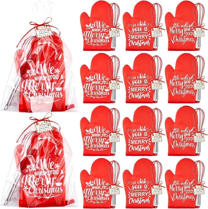 LemonRoad 12 Sets Christmas Whisk Baking Gift Set Xmas Silicone Whisks Oven Mitt Pot Holder Greeting Cards Ribbon Bags for Holiday Kitchen Utensils Cooking Supplies Neighbor Gift(Exquisite,Red) by Unknown
