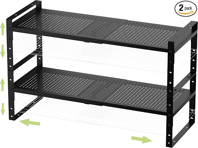 Jojocross Expandable Stackable Aadjustable Shoe Rack Pantry Shelf for Kitchen Cabinets Counter Shelves Countertop Cupboard Storage Solution,Sturdy Heavy-Duty Metal Construction(2Packs/Black/Medium) by JOJOCROSSHIGHQUALITYLIFE