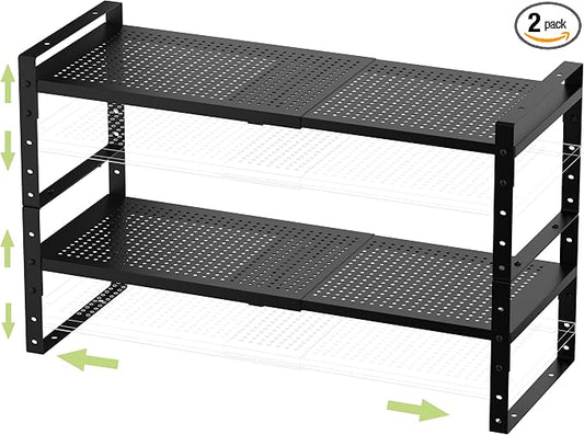 Jojocross Expandable Stackable Aadjustable Shoe Rack Pantry Shelf for Kitchen Cabinets Counter Shelves Countertop Cupboard Storage Solution,Sturdy Heavy-Duty Metal Construction(2Packs/Black/Medium) by JOJOCROSSHIGHQUALITYLIFE