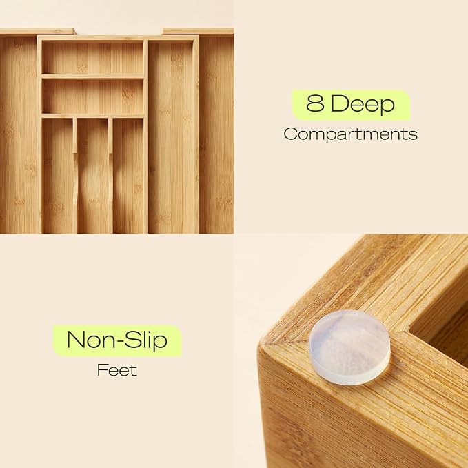 Drawer Organizer for Kitchen Organization – Expandable Bamboo Silverware Drawer Organizer with Removable Knife Block, Bamboo Cutlery, Non-Slip Utensil Organizer with 7-Slot Knife Storage for Flatware - Image 6