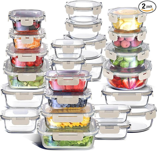 Nestl 48pc Glass Storage Containers with Lids, 24 Glass Food Storage Containers with 24 Airtight Lids for Pantry & Kitchen, Meal Prep Containers for Lunch, Oven Microwave & Dishwasher Safe, Cream by Nestl