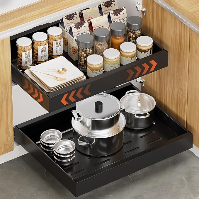 lockincar 1Pack Expandable Pull Out Cabinet Organizer 21" Deep, Adjustable Width 12.2"-20.4" Slide Out Drawers & Roll Out Shelves for Kitchen Cabinets, Easy Install with Double-Sided Adhesive, Black by Unknown