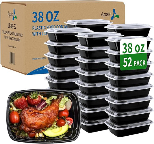 38oz Meal Prep Containers, 52 Pack Disposable Food Storage Boxes with Lids | Heavy Duty, Single Compartment, Leakproof Lids, BPA Free, Microwave Freezer Safe, Plastic To Go Bento Boxes for Lunch Takeout by Apsic