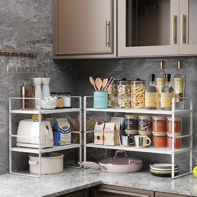 16.5~27.1" Expandable Shelf with Hole，1Pack 8.1" Wide Stackable Cabinet Shelves，White - Image 2