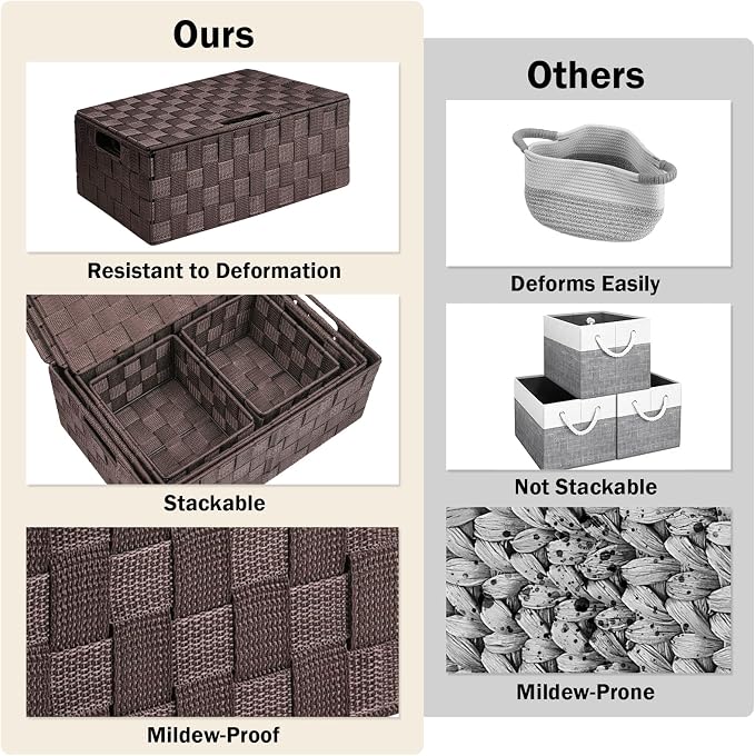 Storage Baskets with Lids: 5 Pack Stackable Woven Storage Bins, Brown | Decorative Woven Baskets for Organizing with Built-In Handles for Shelves, Closets, Cabinets and Cubbies, Gift Small Basket - Image 5