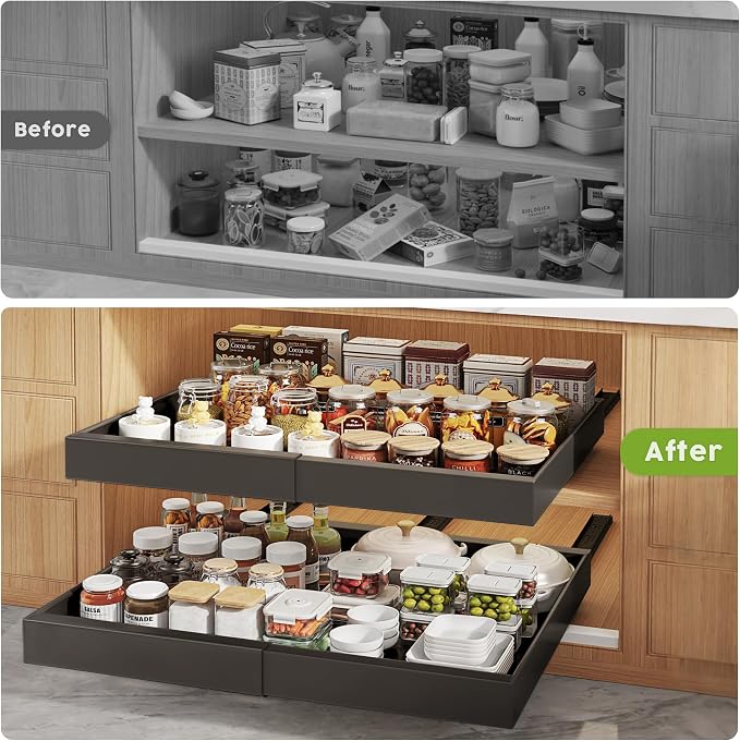 Seinloes 2 Pack Pull Out Cabinet Organizers 21" Deep With Raising Pad for Framed Cabinets, Expandable Width (15.2"-26.3") Slide Out Drawers Upgrade 3 Slide Rails, Roll Out Shelves Adhesive, Black - Image 6