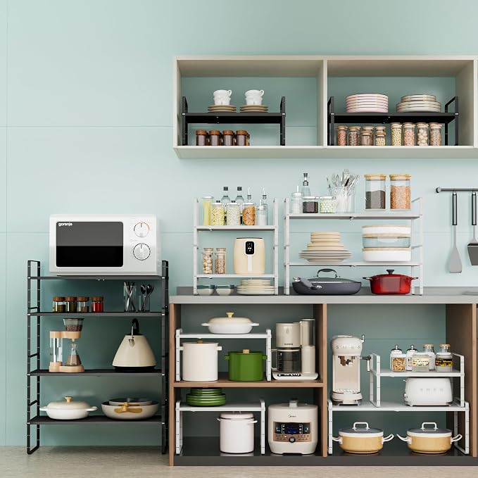 Expandable Adjustable Atackable Kitchen Cabinets Organizer | 80 lb Heavy Duty Metal Pantry Storage Shelves Racks for kitchen, Small Cupboard Organizers with 4 Height Levels - Image 8