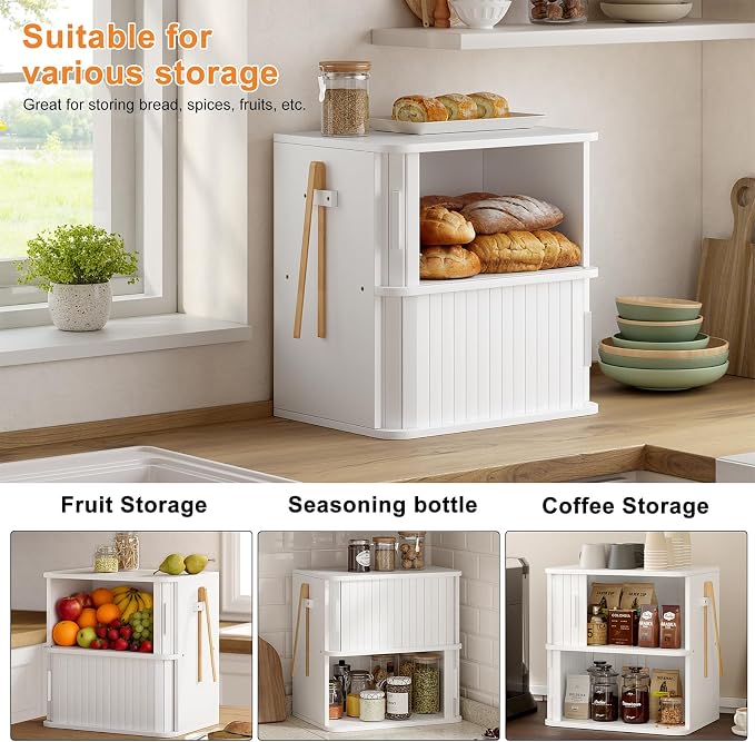 WOWLIVE 2-Tier Roll Top Bread Box for Kitchen Countertop Storage Cabinet | Double Layer Bamboo Bread Boxes with Sliding Doors, Extra Large Bread Storage Cabinet for Loaves & Pastries, White - Image 5