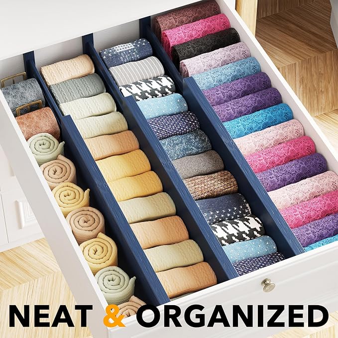 SpaceAid Bamboo Dresser Drawer Dividers 6 Pack, 4.65“ High Adjustable 17“-22” Drawer Organizers, Expandable Organization for Clothing, Clothes, Dressers, Navy Blue - Image 2
