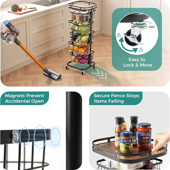 5 Tier Rotating Kitchen Storage Cart, Fruit Vegetable Potato Rack Stand | Patented Swivel Part Spin Smoothly Even Full. Rustproof. One-Piece Wire Bin Prevent Sagging. Keep Onion, Veggie, Spices Fresh - Image 5