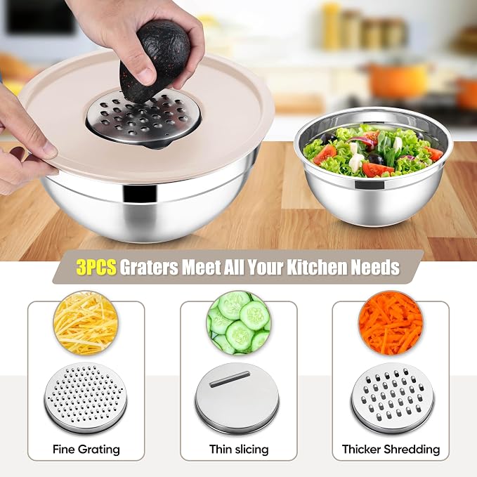 E-far Stainless Steel Mixing Bowls with Lids Set, 5-Piece Nesting Salad Bowls with 3 Grater Attachments and Non-Slip Bottoms, Size 4.6, 2.6, 2, 1.5, 1QT for Kitchen (Khaki) - Image 5