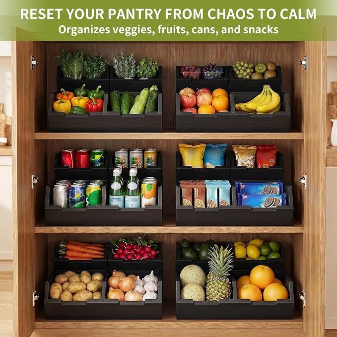 Bamboo Pantry Storage Bins Set, Potato and Onion Storage Bin for Countertop | Open Front Storage Bins, Large Capacity, Stackable Design, Cut-out Handles, FSC-certified Bamboo, No Assembly, Black - Image 3