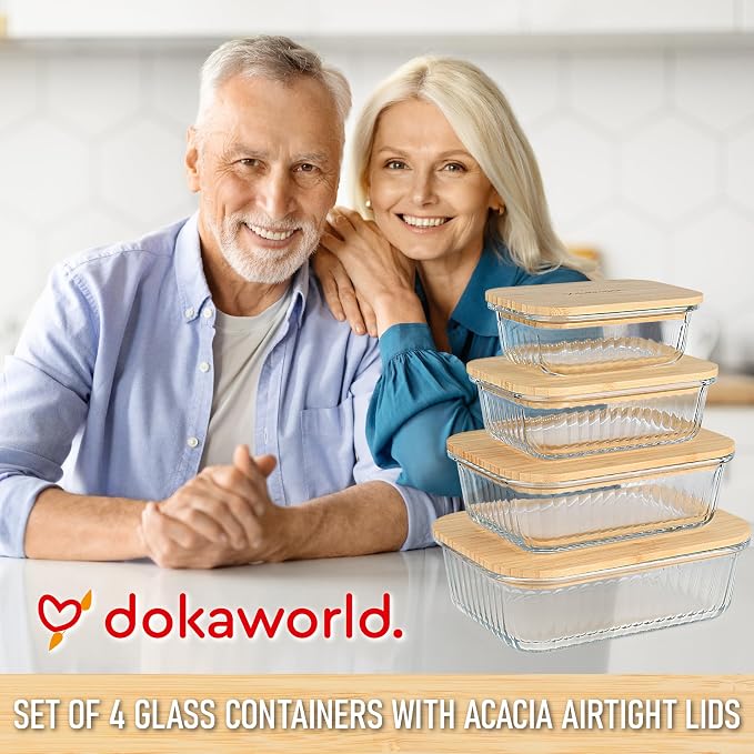 Ribbed Glass Tupperware Set with Bamboo Lids - 4 Stackable Meal Prep Containers. Durable heat resistant Inert Borosilicate Glass - Image 9
