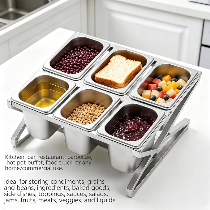 Pizza Topping Station Condiment Container Food Prep Ingredients Holder | Stainless Steel Organizer Container Set Spice Rack with 6 Pans& Lids for Kitchen Restaurants Buffes - Image 2