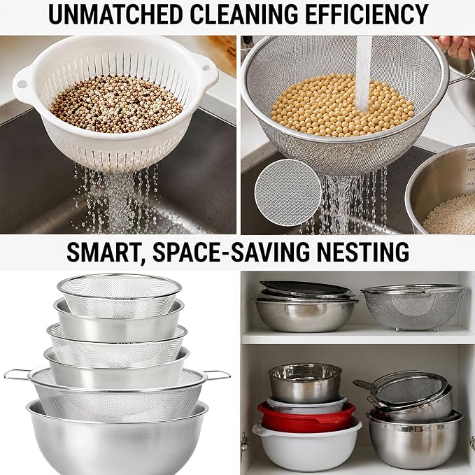 18/8 Stainless Steel Bowl and Colander Set, 6-Piece, Nesting | 3 nesting mixing bowls with measurement marks and 3 fine 30-mesh strainers for rice,vegetables, pasta, baking, and food prep - Image 6