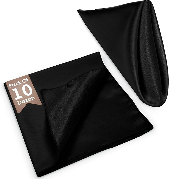 17x17-Inch Shantung Satin Cloth Napkins, Black, Set of 120 | Bulk Case of 10 Dozen, Square, 100% Polyester Fabric, Reversible, Faux Dupioni Silk Reverse Side, Machine Washable - Image 2
