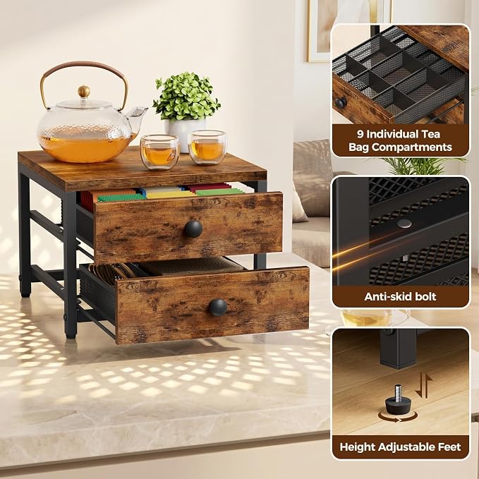 Plaviya Wood Tea Bag Organizer with 2 Drawers for Countertop | Tea Bag Holder and Storage, 9 Compartments, Utility, Home, Kitchen, Office, Rustic Brown - Image 3